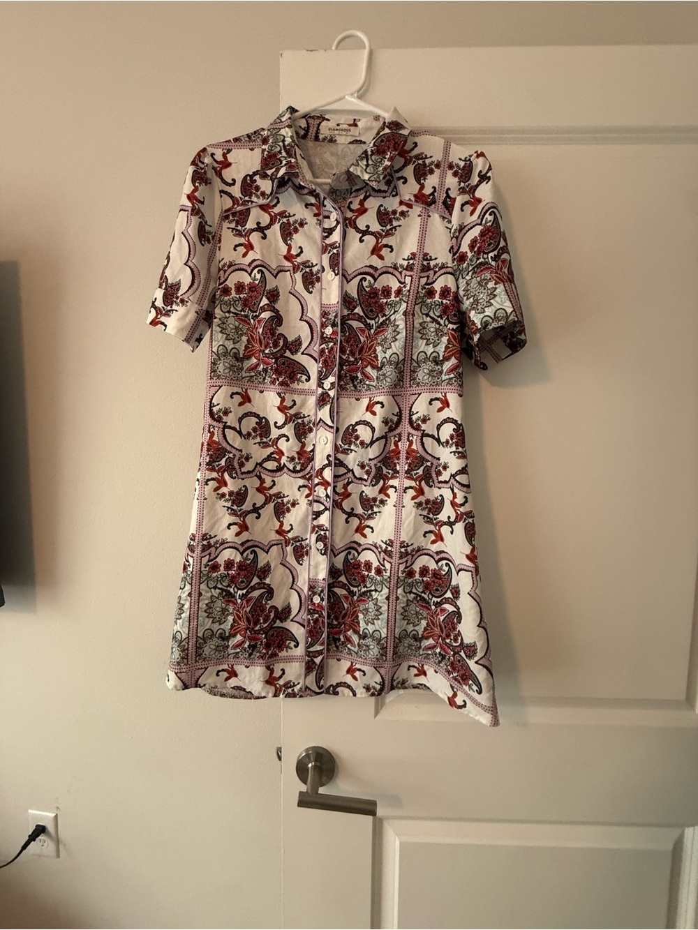 Glamorous White Mini Dress with Red Paisley Print
